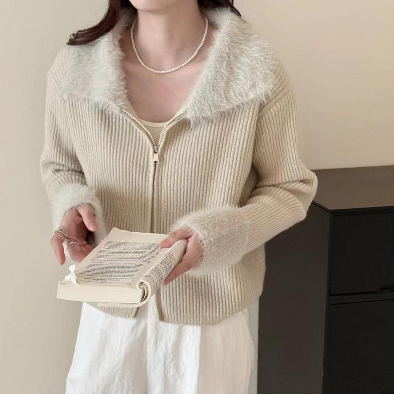 Осень Зима Лацкан Кардиган Молния Повседневный Свитер Мода Женщины Длинный Рукав Элегантные Вязаные Свитера Свободный Однотонный Топ Офисный Трикотаж Женская Одежда One size