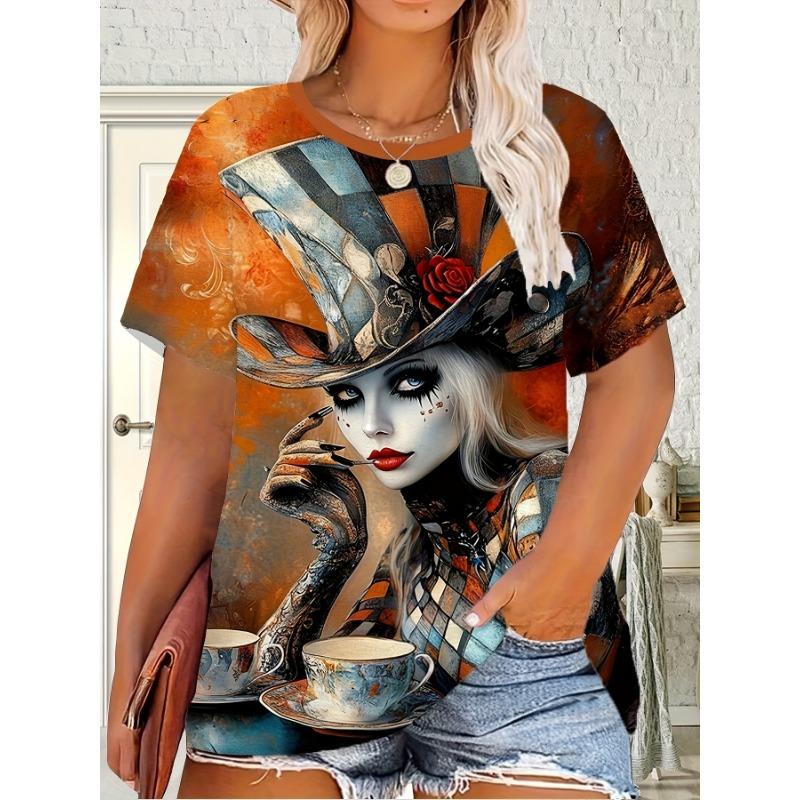 Women s Plus Size Portrait Print Round Neck Short Sleeve T-Shirt - Soft Breathable Fabric S
