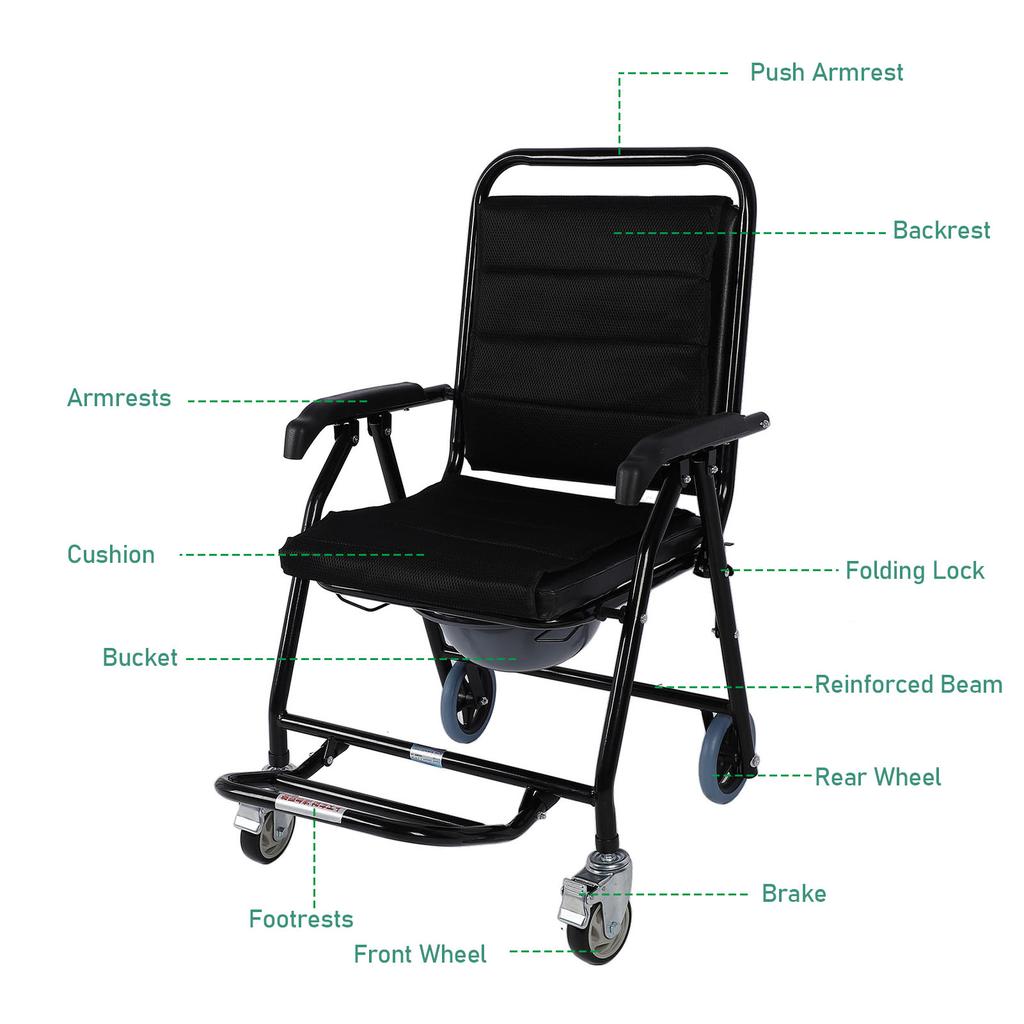 Commode Chair with Wheels Thickened Cushion Foldable Commode Wheelchair with Bucket for Home Elderly