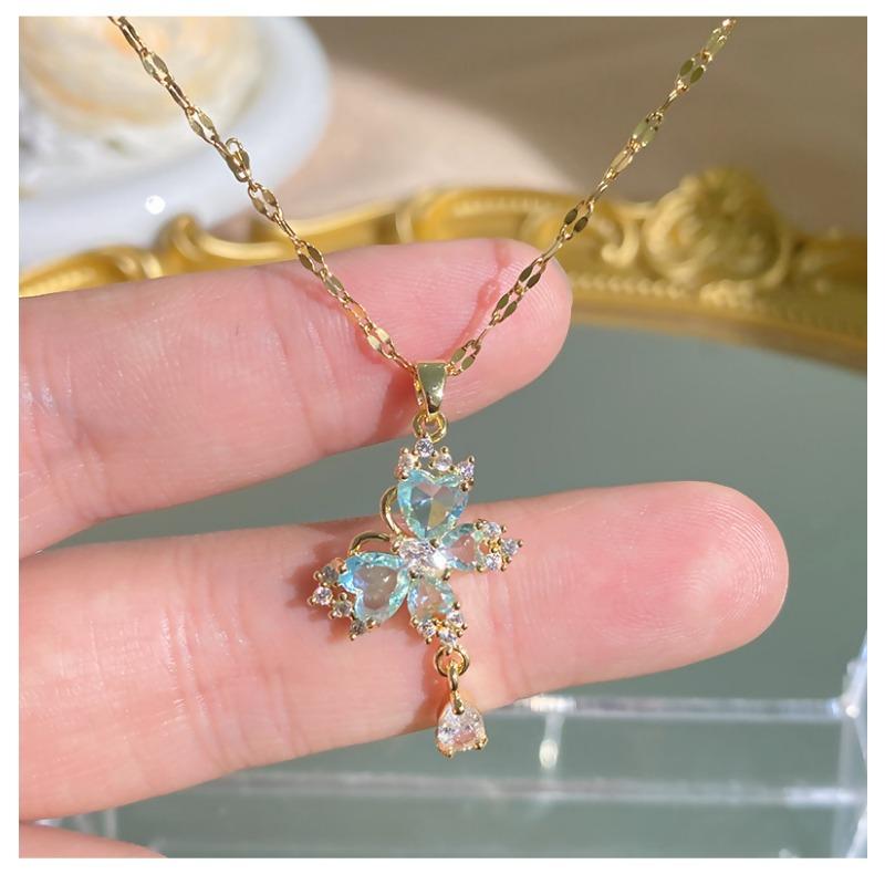 Women S Butterfly Tassel Titanium Steel Necklace Zircon Inlaid Clavicle Chain