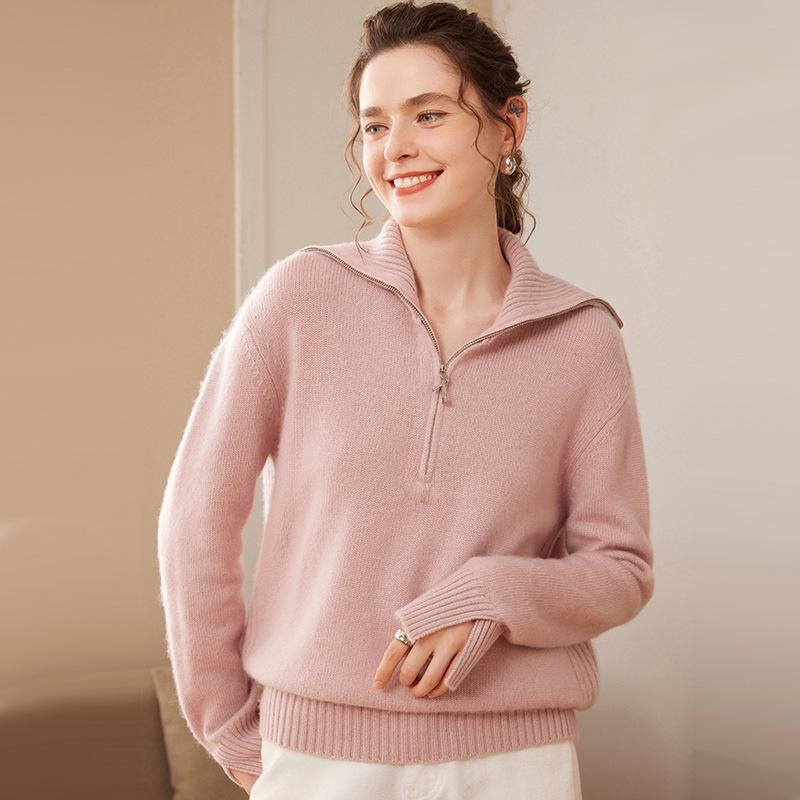 2024 Autumn/Winter Women's Cashmere Knit Lapel Half-Zip Outerwear, Long Sleeve, Loose Fit, Warm & Slimming