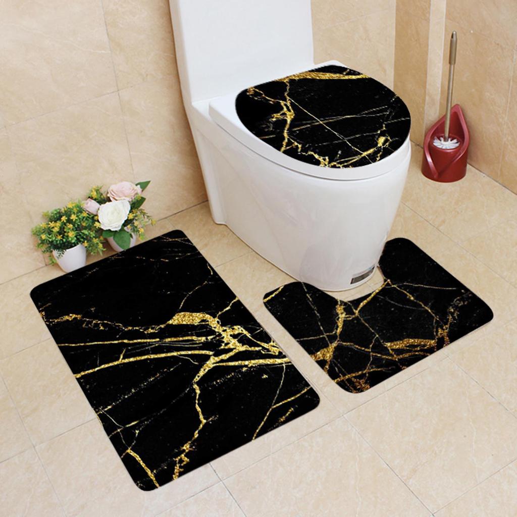 Bathroom Tools Marble Patterned Toilet Cover 3 Piece Set Non Slip Bathroom Rugs Set Bath Rug Mat And Toilet Lid Cover