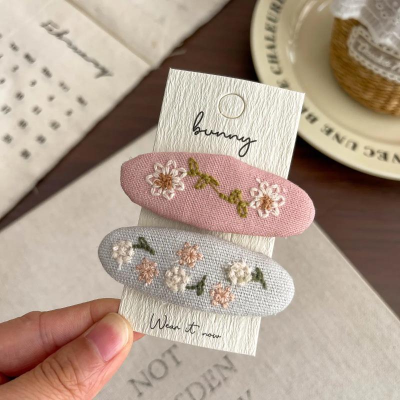 2Pcs Embroidery Flower Children's Hairpin Sweet Hair Clip Bangs Side Clip Hairpin Barrettes Headwear Hair Accessories Headdress