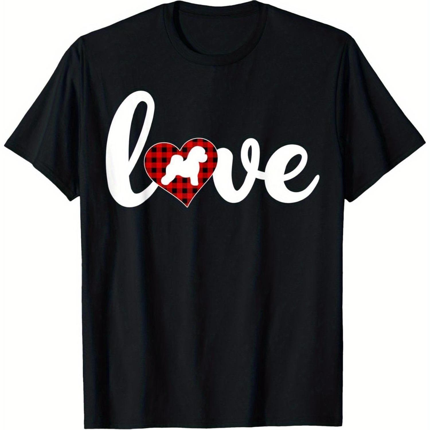 

Bichon Frise Dog Love Red Plaid Heart Graphic Tee Men Casual Cotton Short Sleeve T-Shirt Daily Gift 4XL