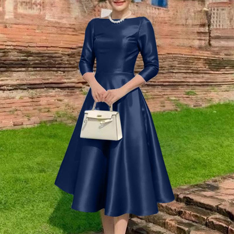 ZANZEA Damen Freizeit Rundhals 3/4 Ärmel Elegantes A-Linien Kleid