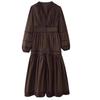 V-neck Patchwork Lace Hollow Out Long Sleeve Waist-Cinching Dress for Women