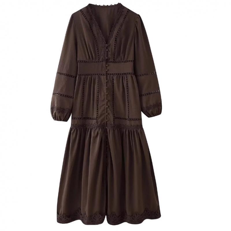 V-neck Patchwork Lace Hollow Out Long Sleeve Waist-Cinching Dress for Women