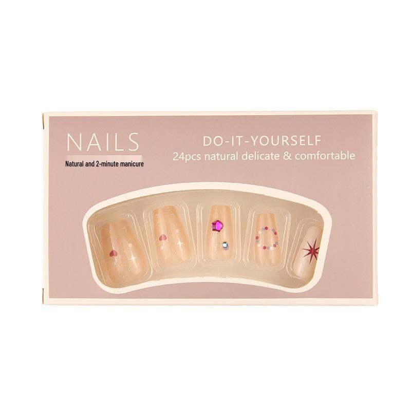 Medium Length Handmade Press-on Nails with Pure Desire Color and Diamond Star Stickers, Removable Whitening Nail Tips