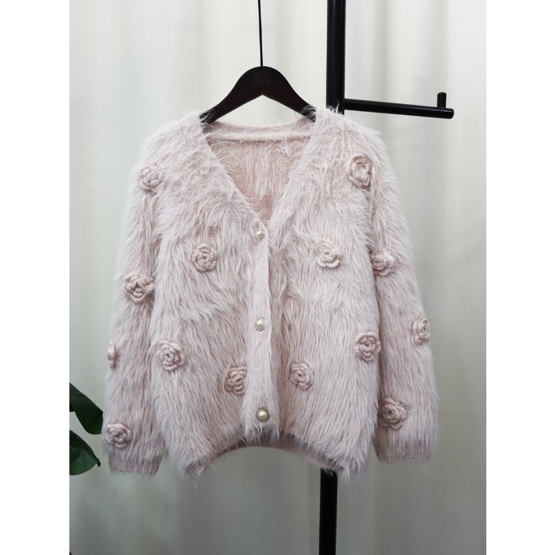 

Трехмерный вязаный кардиган из имитации норкового бархата с цветочным узором, женский осенний новый, с маленьким ароматным темпераментом, свободный, мягкий и восковой свитер-жакет one size fits all