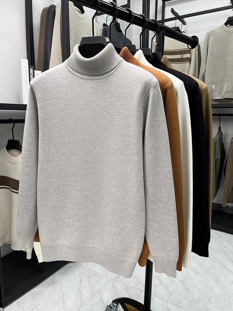 Men's Fashionable Thick Knit Pullover with Double-Fold High Neck, Fleece-Lined for Warmth, Solid Color, Perfect for Middle-Aged and Young Adults.
