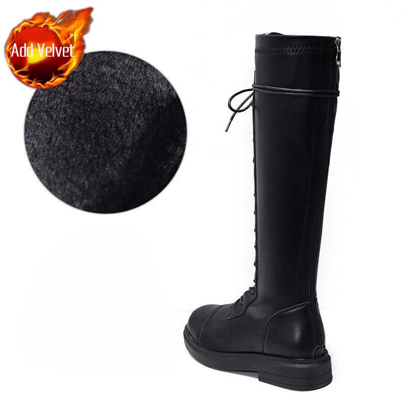 

Модные Элегантные Женские Длинные Сапоги на Низком Каблуке с Круглым Носком на Шнуровке Осень Зима Новый Рок Тренд 2025 Готические Женские Сапоги до Колена с Голенищем 40