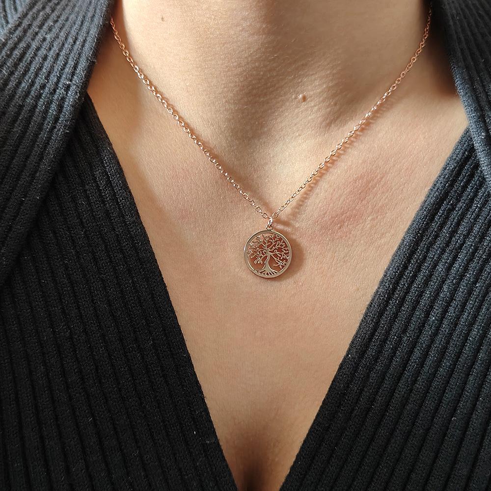 Fashionable and Simple Stainless Steel Gold-plated Necklace, Silver Tree of Life O-shaped Chain, Rose Gold Women's Necklace