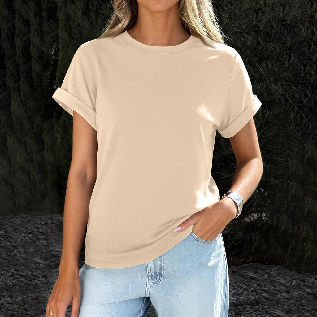 Womens  Casual Rolled Short Sleeve Basic Tees Fashion Tops