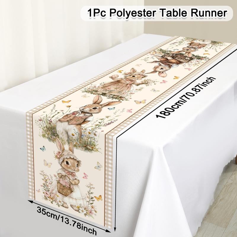 Vintage Easter Bunny Table Runner Polyester Rabbit Eggs Flower Table Cover Easter Decoration For Home Kitchen Dining Table Decor