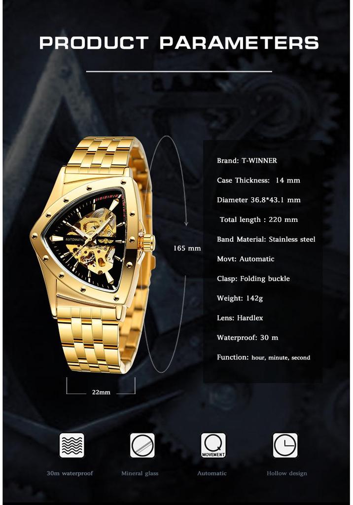 T-WINNER 8243 Mode Casual Driehoekig Skelet Automatisch Mechanisch Stalen Band Horloge