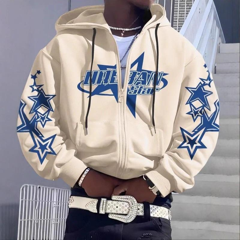 Europæisk og amerikansk hiphop serie street Y2K stjerne bogstav print print, mænds løse hættetrøje med lynlås