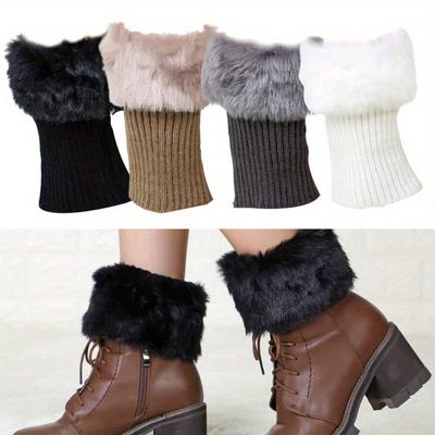 1 Paar elegante Damen-Winter-warme Strick-Fellbesatz-Beinstulpen-Manschetten-Topper-Stiefelsocken