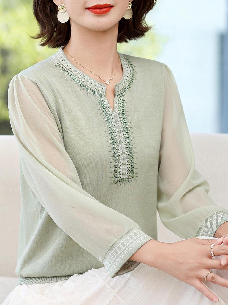 Schickes Herbst-Rundhals-Langarm-T-Shirt für Frauen mittleren Alters & ältere Frauen - Stilvolles Strickoberteil mit Gaze-Ärmeln