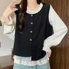 Fake Two Women's Shirts Color Blocking Round Collar Pleated Lace Hem Bow Button Decoration Blouse Korean Style Spring New Version Sweet Lady Top