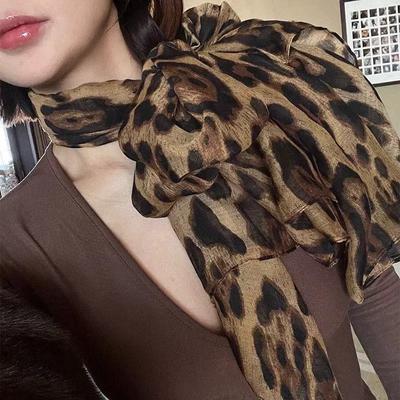 Retro Spice Girl Leopard Print Silk Scarf Bali Yarn Thin Long Silk Scarf Women'S Premium Personality Scarf
