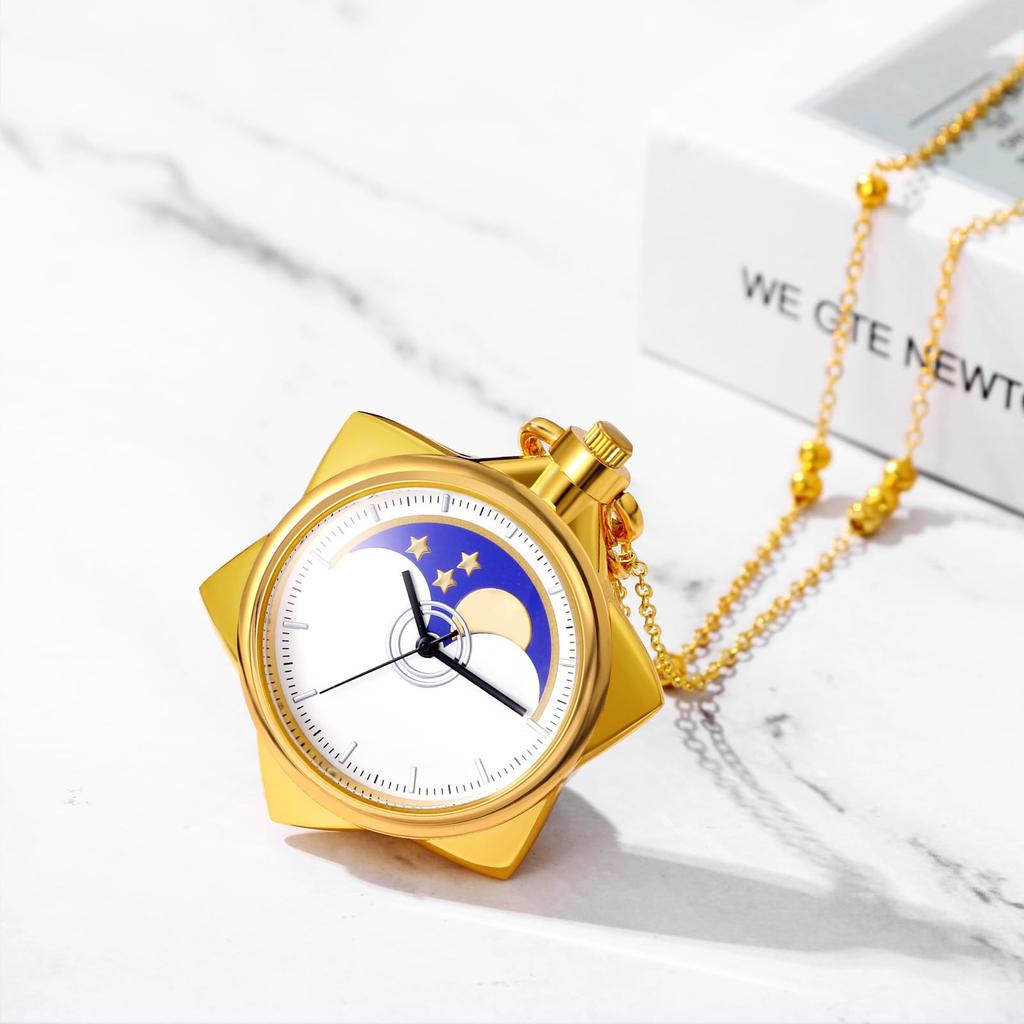 Taschenuhr Sonne Mond Stern Hexagramm Anhänger Uhr Analoganzeige Wasserdicht Niedlich Taschenuhr Halskette Pulloverkette Gold Modeaccessoire Geburtstag