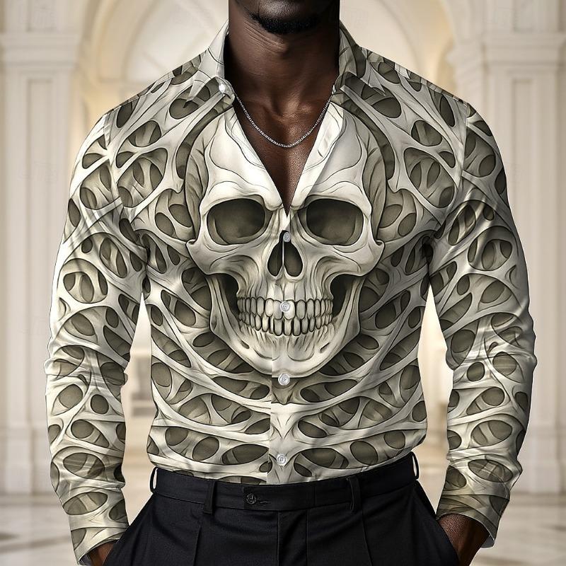 Men's Skull Halloween Costumes Shirt Long Sleeve Dark Gothic Style Holiday Summer Spring Fall Turndown 3D Print Button Up Shirt