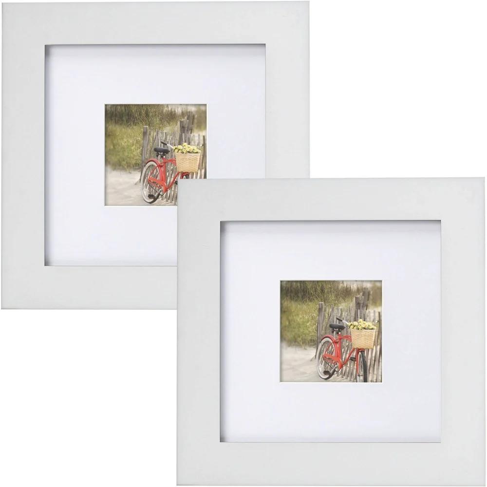 Flat Wide Gallery 8x8 Matted to 4x4 White Picture Frames Set of 2 Durable MDF Tabletop Wall Display Gift Ideal Home Decor