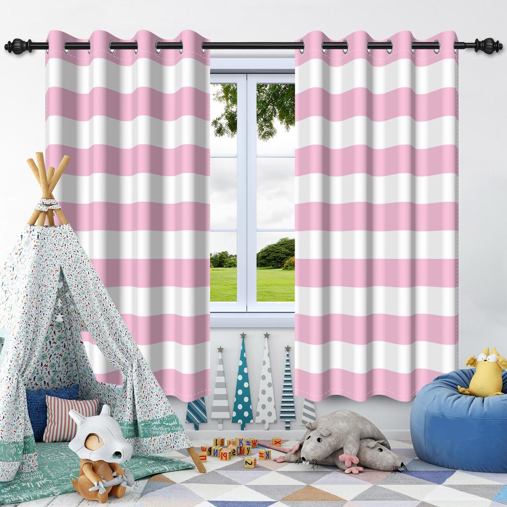 2pcs Simple Solid Color Transverse Striped Blackout Curtains for Bedroom Living Room Darkening Thermal Insulated Window Curtains