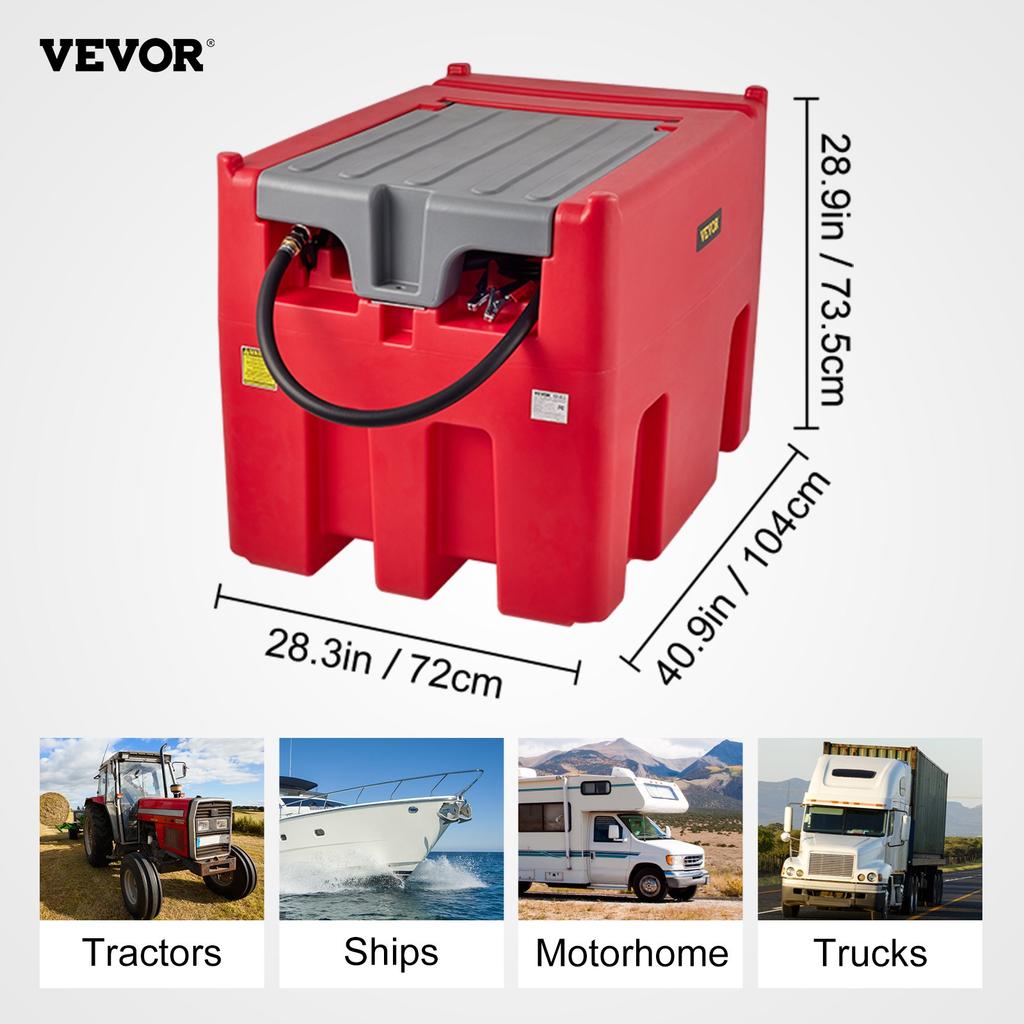VEVOR Portable Diesel Tank, 439.1 L Capacity & 10 GPM Flow Rate, Diesel Fuel Tank with 12V Electric Transfer Pump and 399.3 Cm Rubber Hose