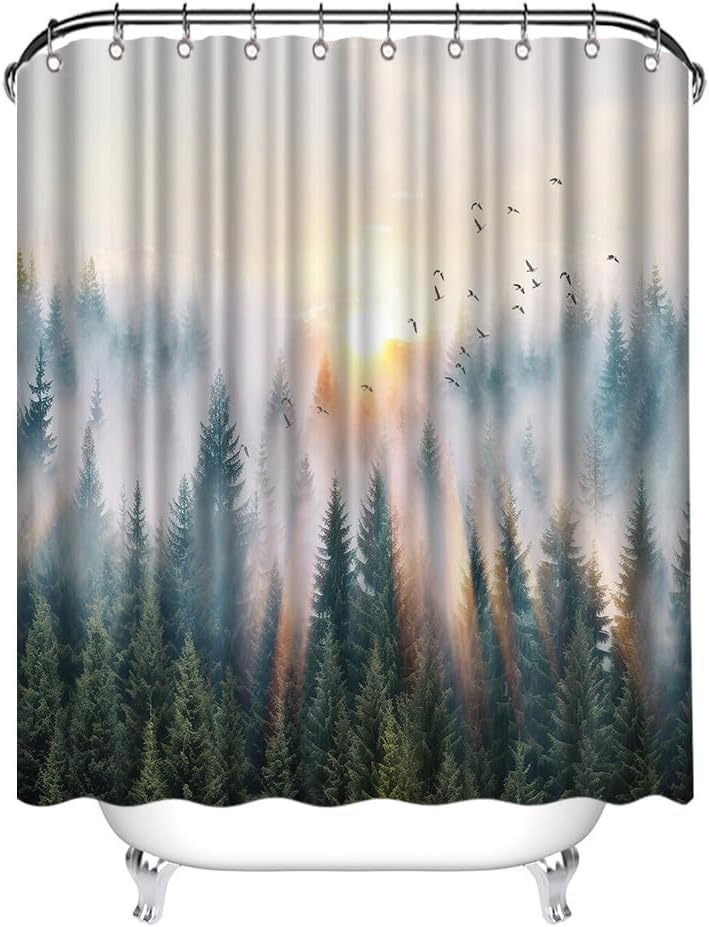 Nature Landscape Shower Curtain Green Bathroom Decor with 12 Hooks 72x72 Inches