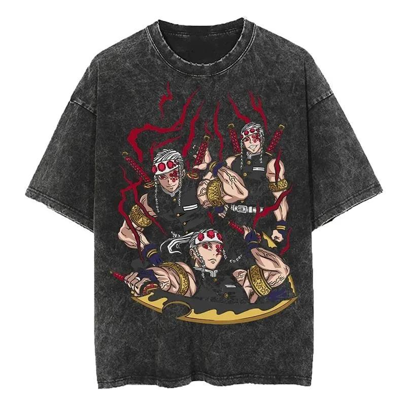 Hot Japan Anime Demon Slayer Rengoku Kyoujurou Manga Graphic Print T-Shirt Men Women Vintage Washed Harajuku Fashion Cotton Loose Casual Oversized Top