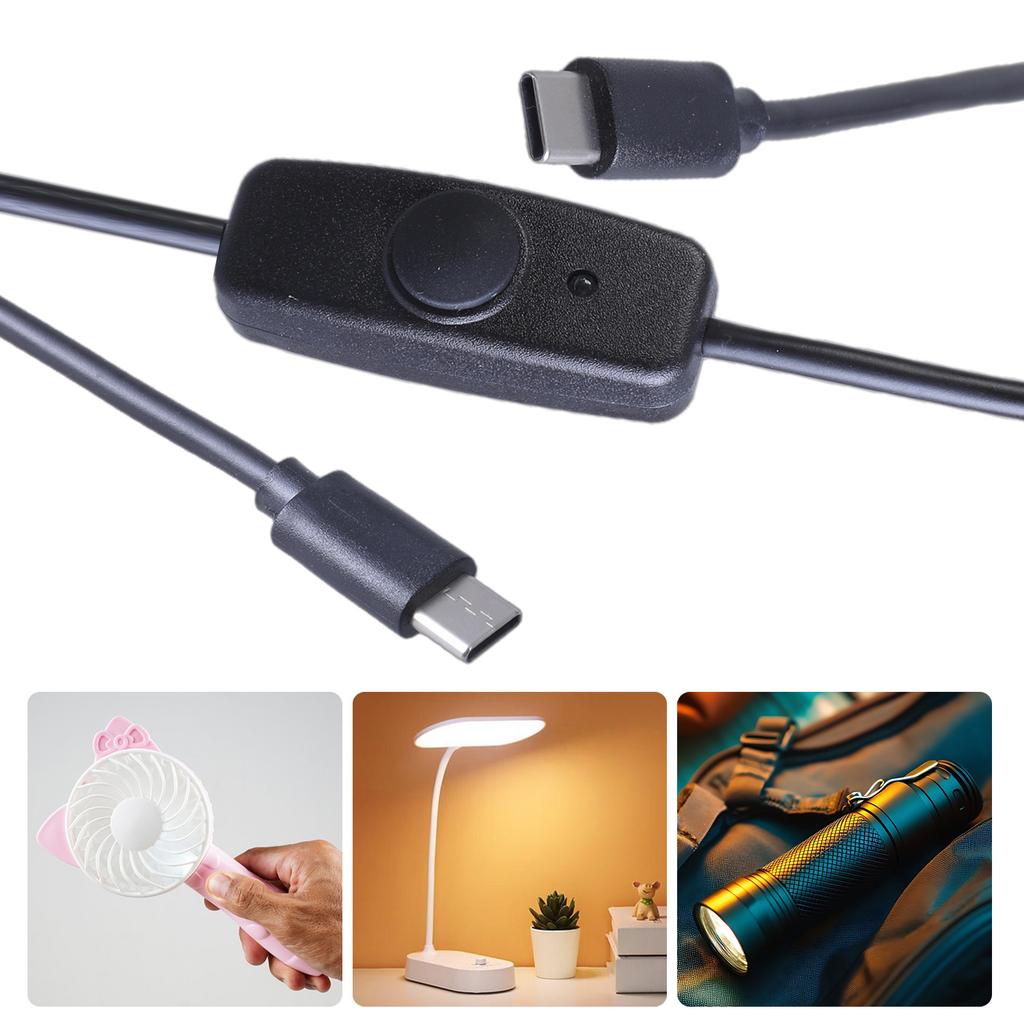 USB Type C Data Cable with Power Switch Button Male To Male Charging Extension Cord Wire for LED Light Fan Desk Lamp