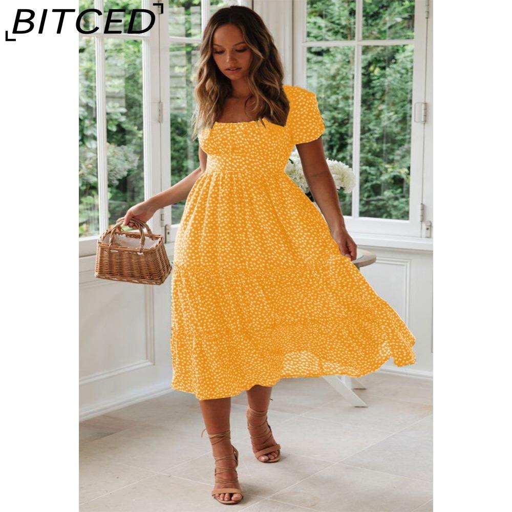 BITCED Summer Love Polka Dot Dress Women Casual A-Line Short Sleeve Square Collar Ruffle Midi Dress Chiffon Red Black Blue Green