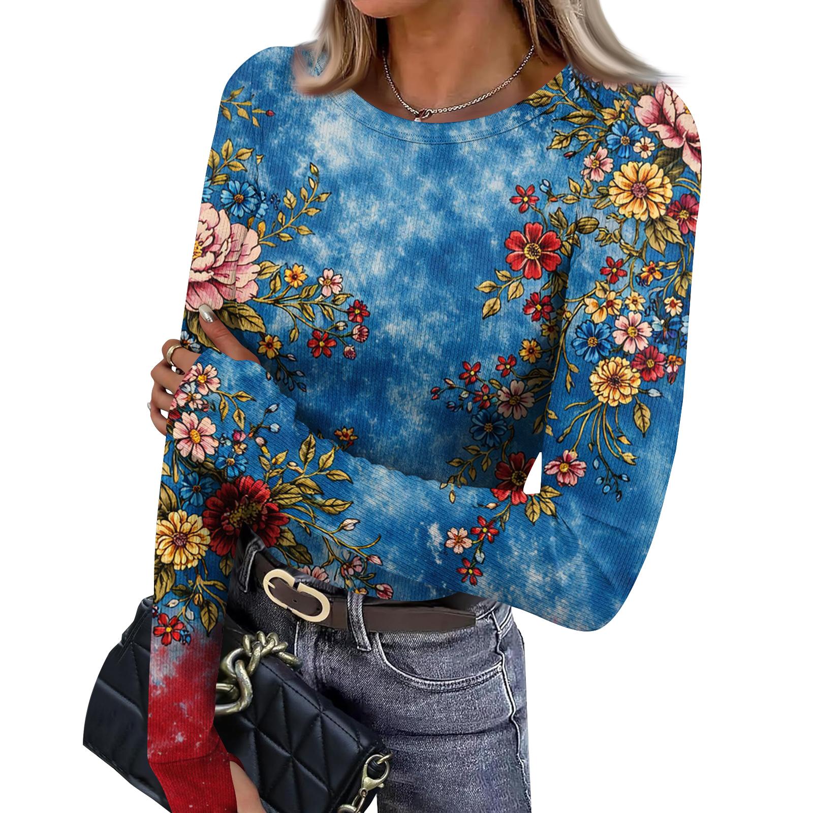 

Women s Fitted Base Layer T-shirt With Printed Round Neck And Long Sleeves Top L синий