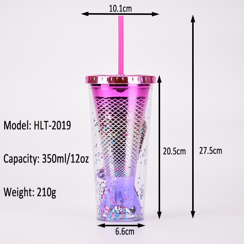 Double Layer Plastic Cup Creative Gradual Change Mermaid Tail Straw Cup Appearance Electroplating Color Sequined Water Cup