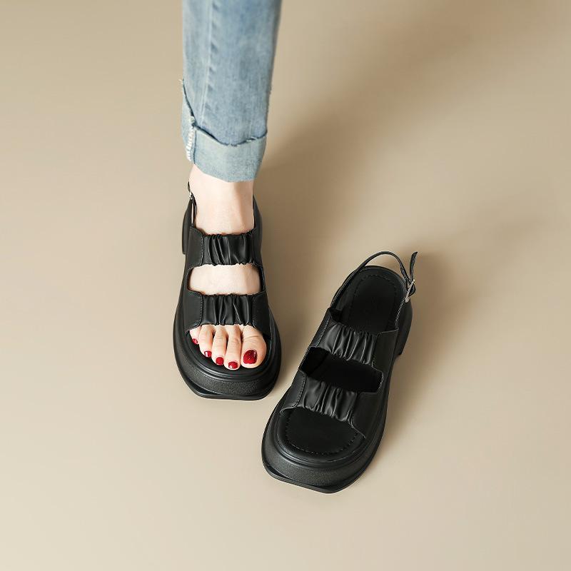 Thick-soled Word with Roman Sandals Women's Summer Casual Versatile Soft-soled Open-toed Thick Heel Black Outerwear Muffin Shoes