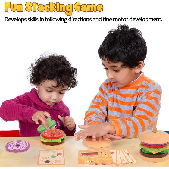 Aizweb Montessori Toys for 3 Year Old - Wooden Burger Stacking Toys for Toddlers and Kids Preschool, Educational Toys, Fine Motor Skill Toy, Blocks