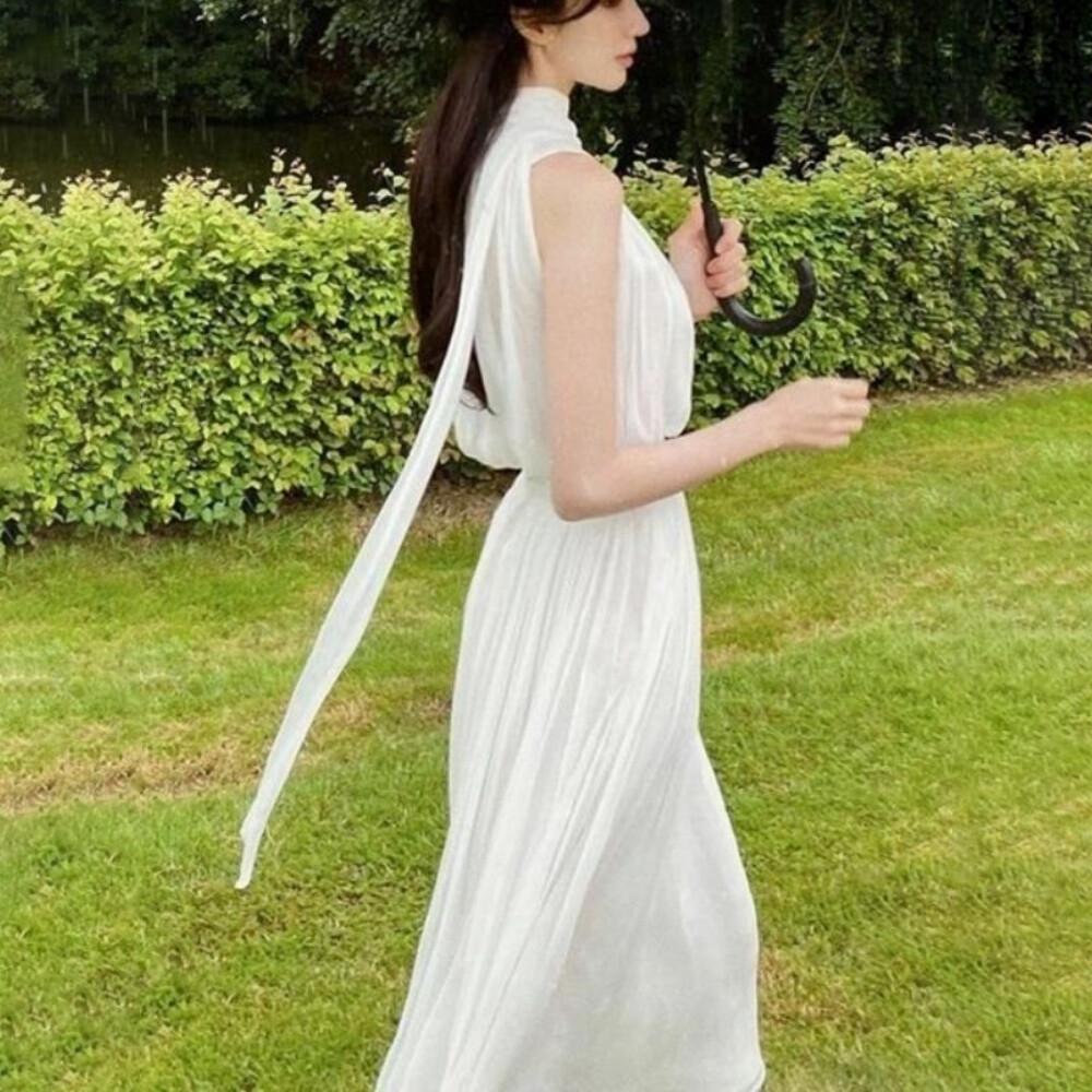 Buy White Elegant Chiffon Midi Dress Women Sleeveless Slim One Piece Dress  Korean Casual Pure Color Beach Dress Party Summer at affordable prices   free shipping, real reviews with photos  Joom