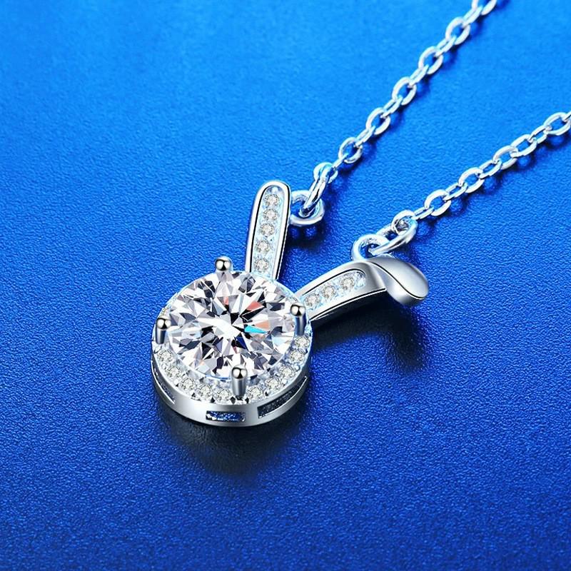 S925 Sterling Silver Moissanite Rabbit Ear Pendant Necklace for Women - Cute Douyin-Inspired Style