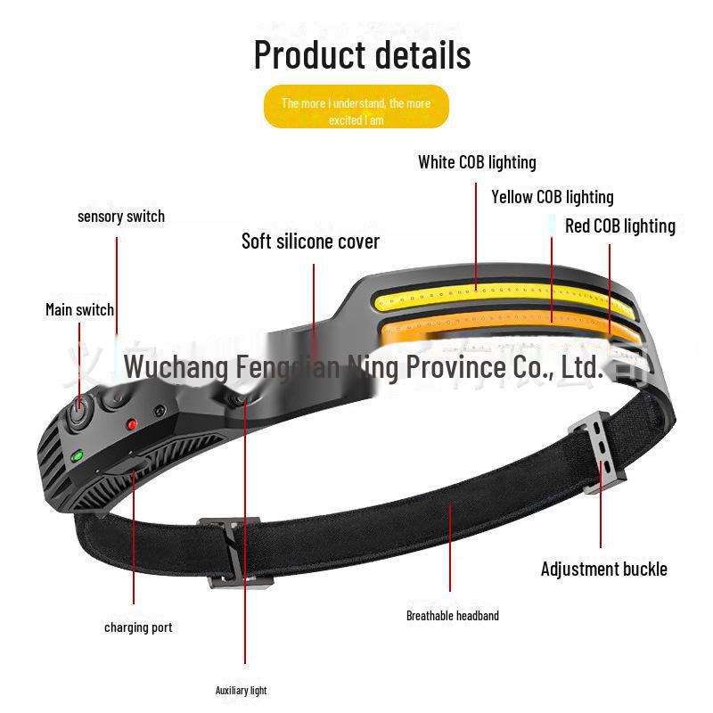 COB Silicone Dual Light Source LED Headlight: Strong Light for Outdoor Riding, Night Fishing, and Running with Red and Yellow Modes