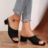 Flying Woven Medium Heel Slippers, Summer Square Head Breathable Large Size Cool Slippers Women