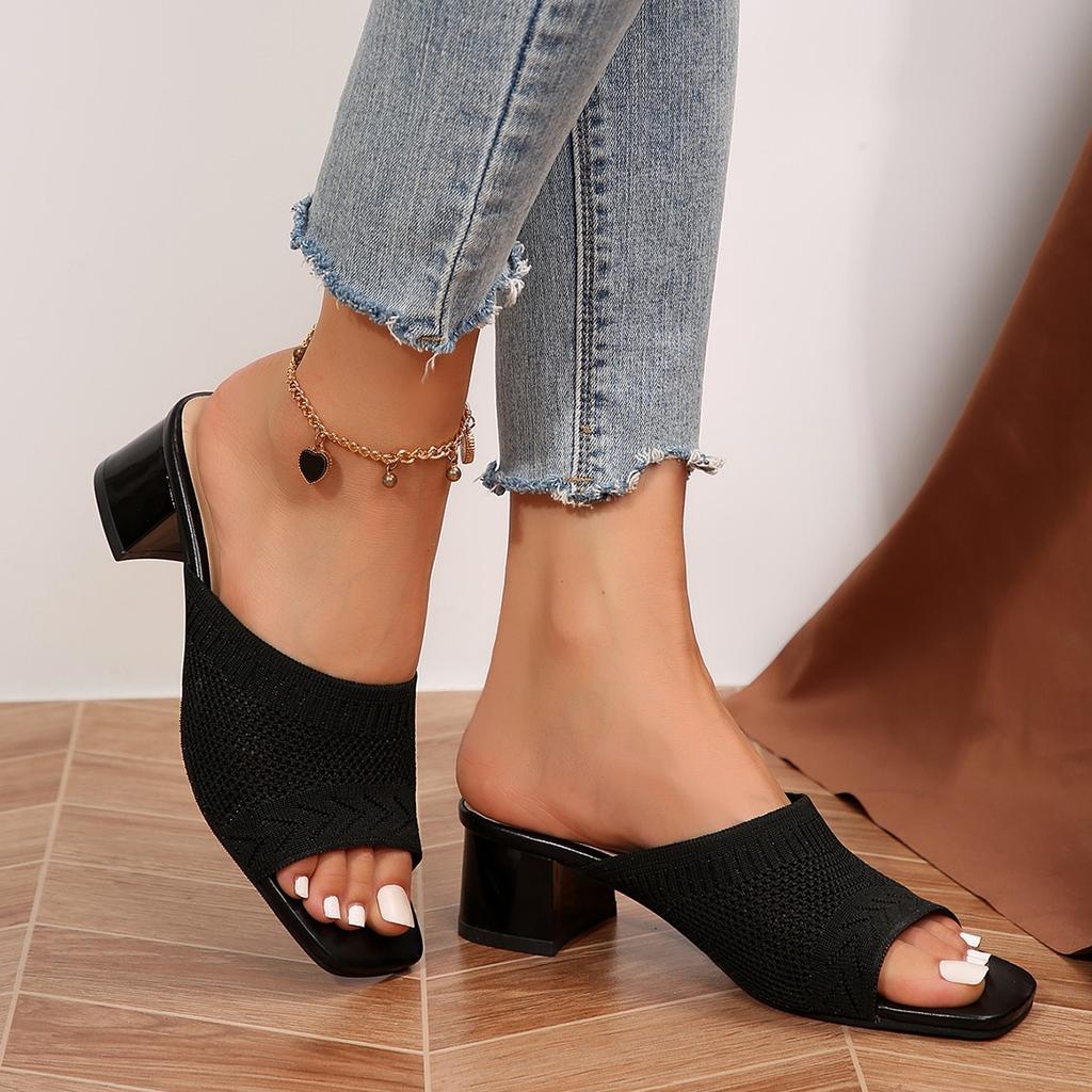 Flying Woven Medium Heel Slippers, Summer Square Head Breathable Large Size Cool Slippers Women