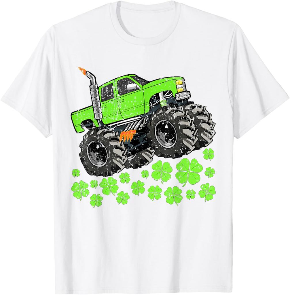 St Patricks Day Monster Truck Graphic Tee Shirt Green Clover Casual Short Sleeve Tops