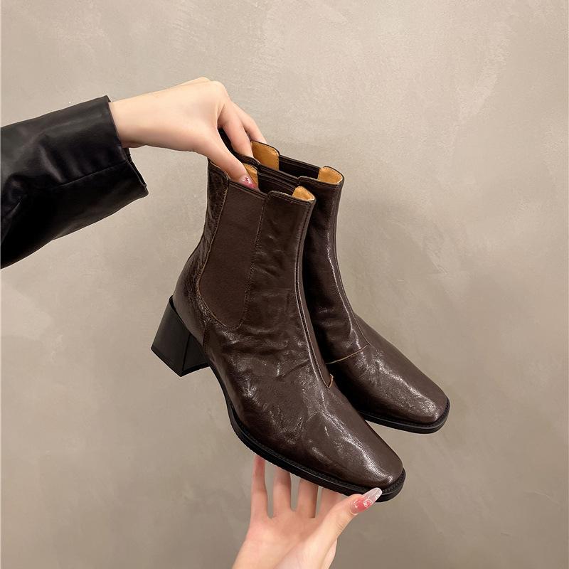 Women Boots Autumn Casual Leather Shoes Woman Fashion Square Toe Chunky Heel Shoes Slip-On Modern Boots Handmade Short Boots