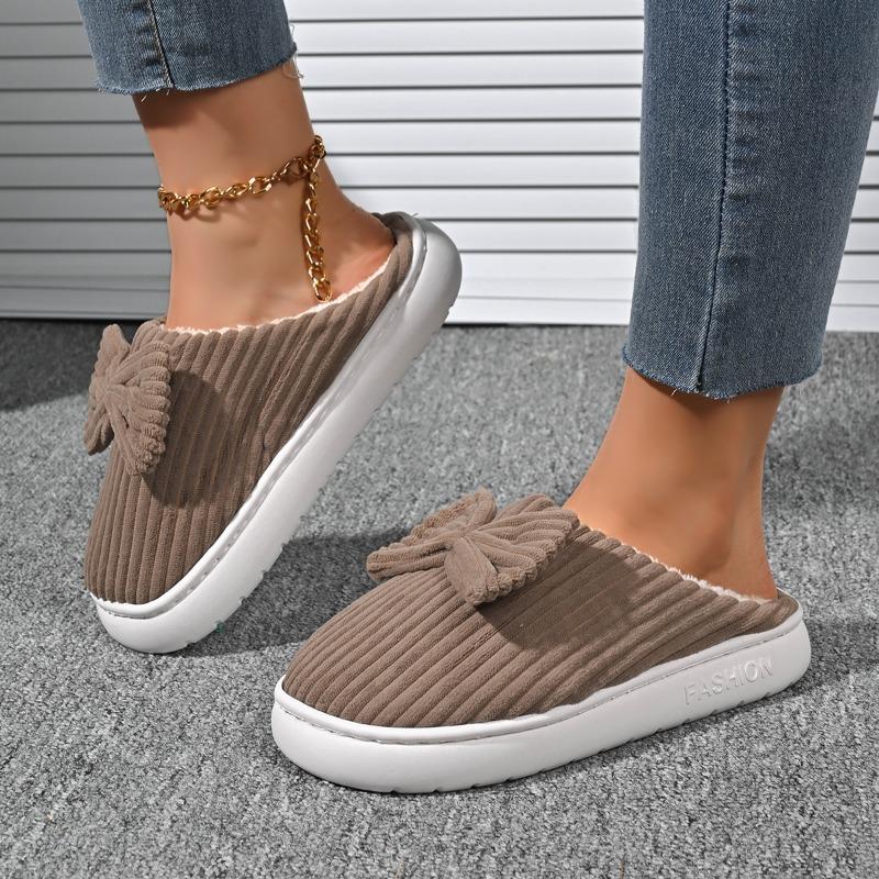 Winter New Baotou Slippers Women's Round Head Deep Mouth Suede Butterfly Knot Soft Sole Non-slip Flat Shoes