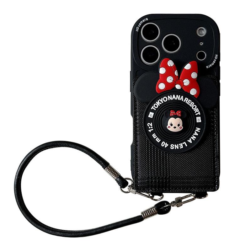 Cartoon Mickey Mouse Camera Wallet Mobile Phone Case Suitable For Iphone17 Card Pack Apple 16 Portable Lanyard 14 Anti-Drop