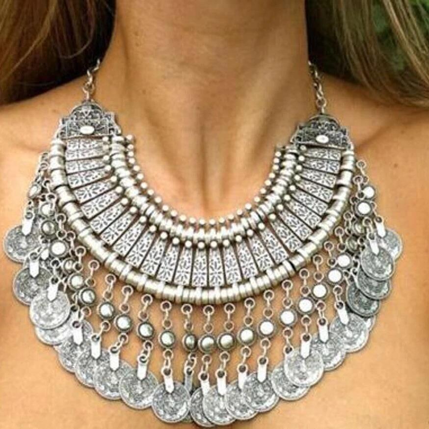 Gypsy Bohemia Coin Tassel Statement Choker Necklace Women Boho Afghan Turkish Ethnic Tribal Jewelry Accessories