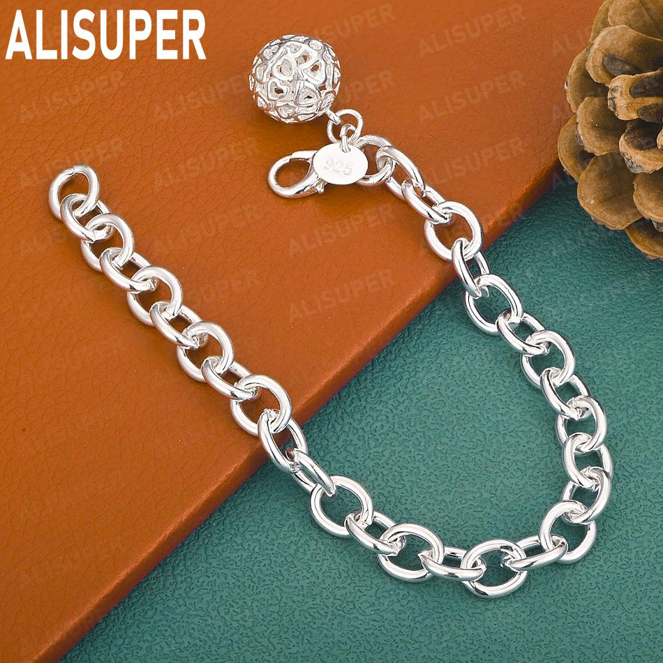 925 Sterling Silver Exquisite Openwork Heart Ball Side Chain Charming Bracelet Gift Jewelry 20CM