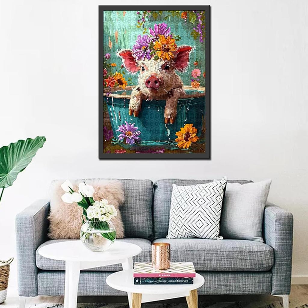 Adorable Pig in Bathtub Jigsaw Puzzle 1000 Pieces Puzzles for Adults, Farmhouse Animal Flowers Jigsaw Puzzles for Challenging Family Activity Games