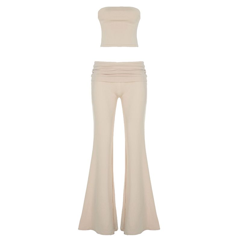 

Home European and American Women s Clothing Street Ins Athleisure Suit Female Tight-Fitting Solid Color Tube Top + Flanging Low Waist Bootcut Trousers Khaki S